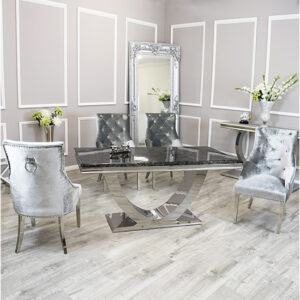 Avon Black Marble Dining Table With 6 Dessel Pewter Chairs