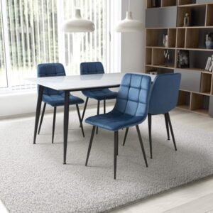 Modico 1.6m White Ceramic Dining Table With 4 Massa Blue Chairs