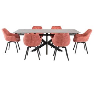 Sylvie Extending Grey Marble Dining Table 6 Viha Pink Chairs