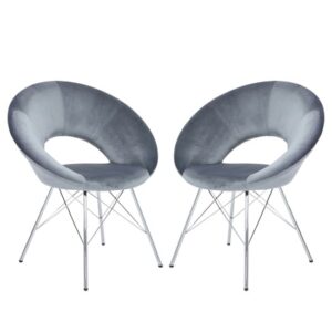 Orem Grey Velvet Dining Chairs With Chrome Metal Legs In Pair