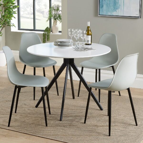 Arta Round White Wooden Dining Table 4 Duo Plastic Grey Chairs