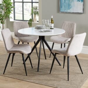 Arta Round White Wooden Dining Table 4 Natural Diamond Chairs