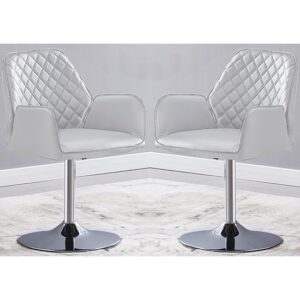 Bucketeer Swivel White Faux Leather Dining Chairs In Pair