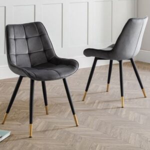 Hadas Grey Velvet Dining Chairs With Black Metal Legs In Pair