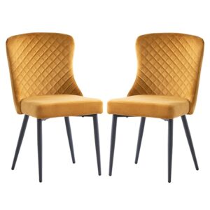 Helmi Antique Gold Velvet Dining Chair With Black Legs In Pair