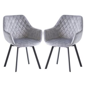 Viha Swivel Silver Velvet Dining Chairs In Pair