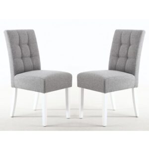 Mendoza Silver Grey Fabric Dining Chairs With White Legs In Pair