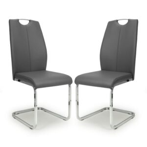 Towson Grey Leather Dining Chairs With Chrome Base In Pair