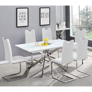 Petra Large White Glass Dining Table 6 Petra White Chairs